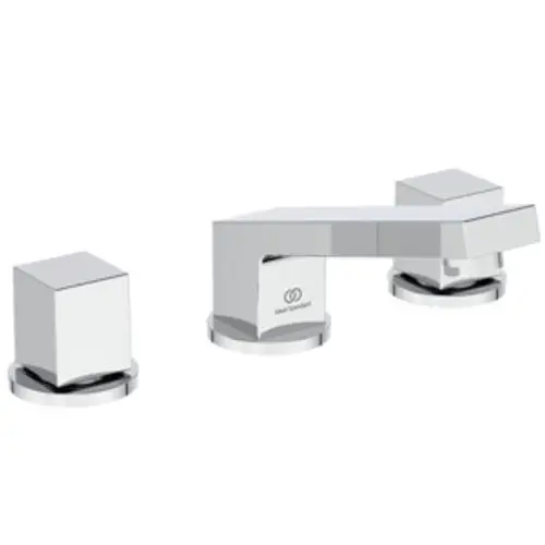 3-Loch-Waschtischarmatur in chromfarbigem Design, bestehend aus einer mittigen Armatur und zwei seitlichen Kontrollhebeln. Produkt von Ideal Standard.